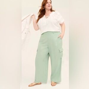 Lane Bryant Wide Leg Linen Blend Cargo Pants Sage Green Size 14 Mid Rise